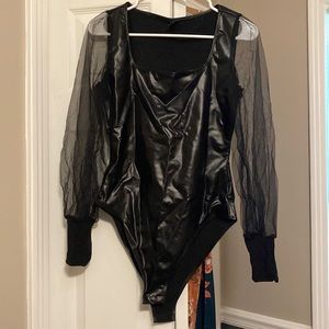 Faux lather and tulle body suit